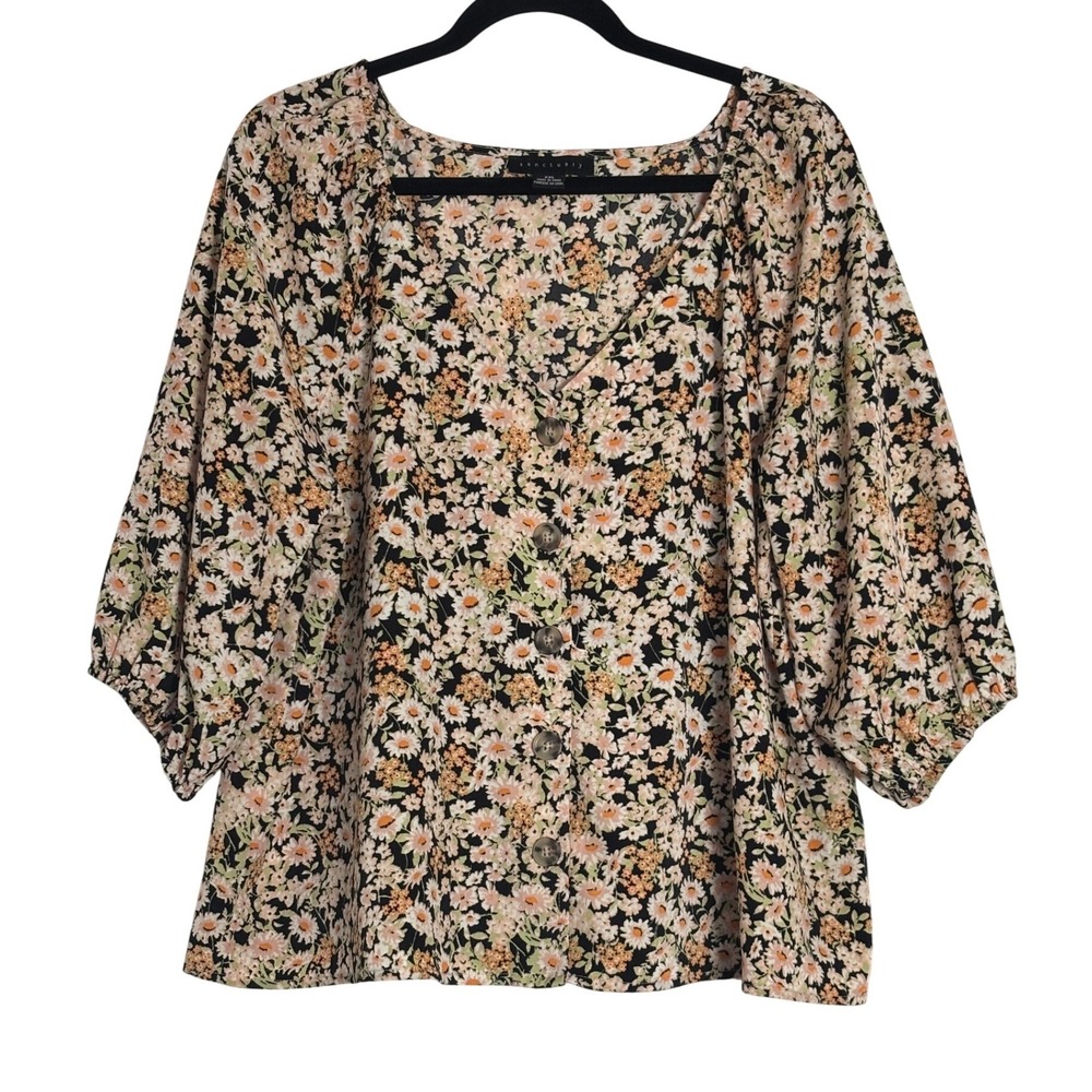 Sanctuary Womens XXL Daisy Floral Puff Sleeve Blouse Black Whimsical Prairie
